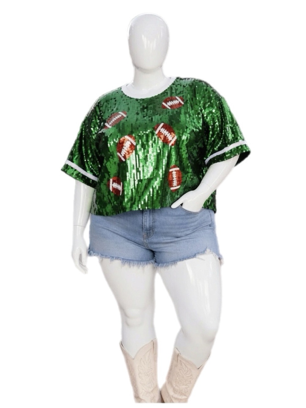 MAIN STRIP sequin green football plus size crop top 1XL 2XL 3XL